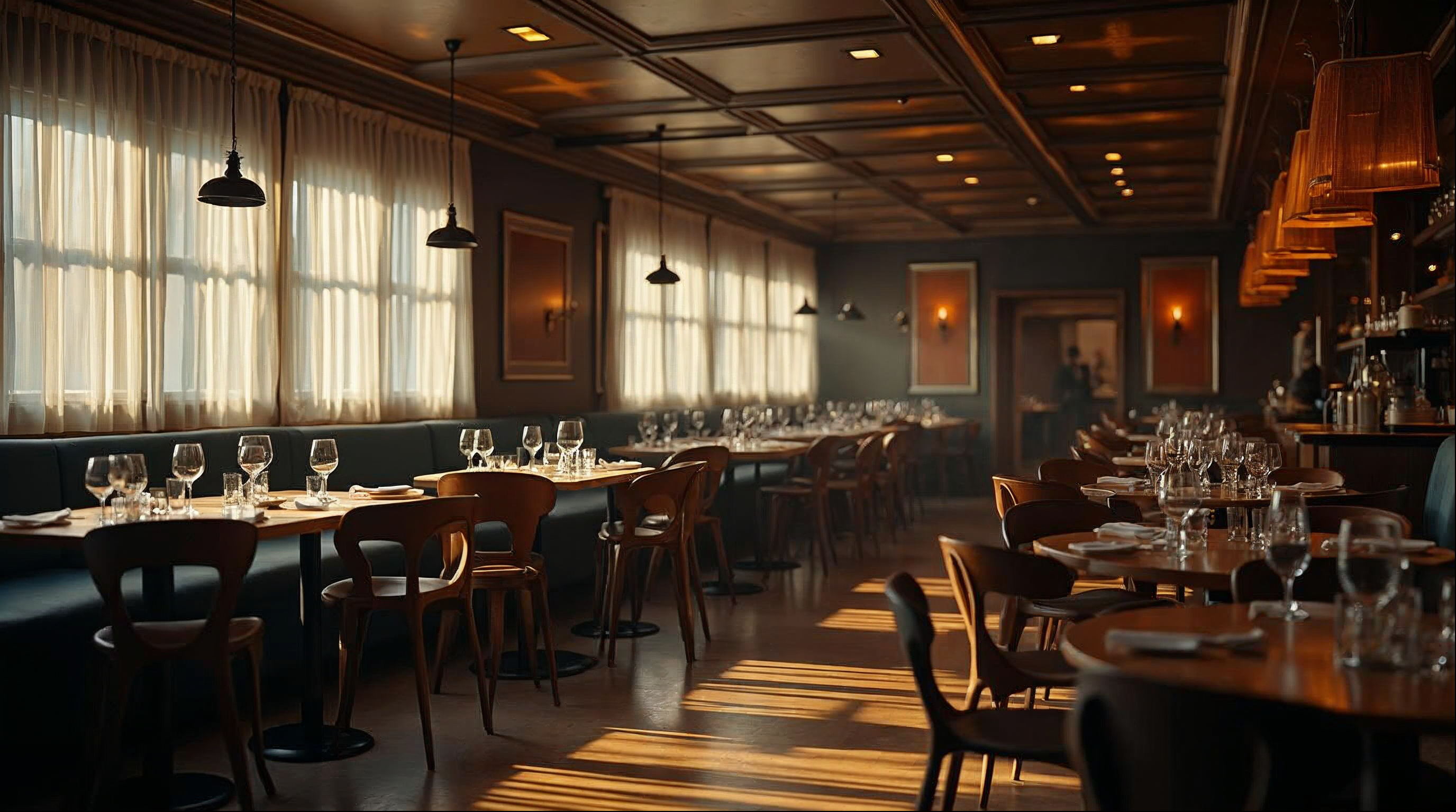 El comedor vacío de un restaurante de diseño en Madrid