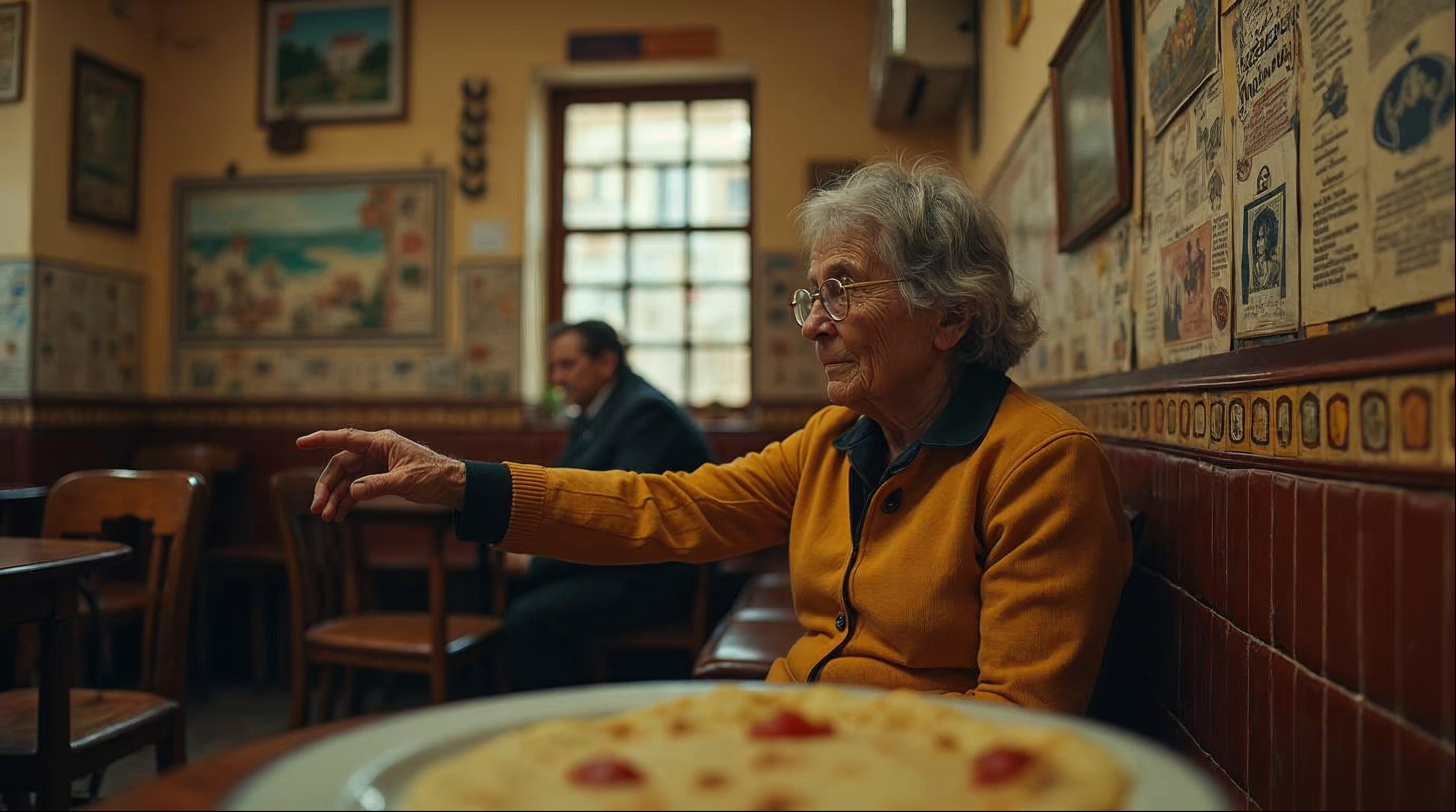 Una mujer mayor señala una silla junto a un plato de tortilla